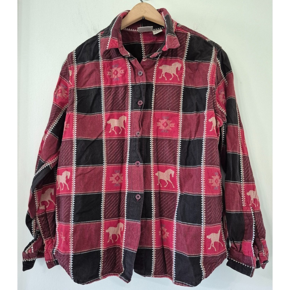 Vtg Rod's Western Palace Women's L Horse Plaid Flannel Shirt Embroidered Rustic